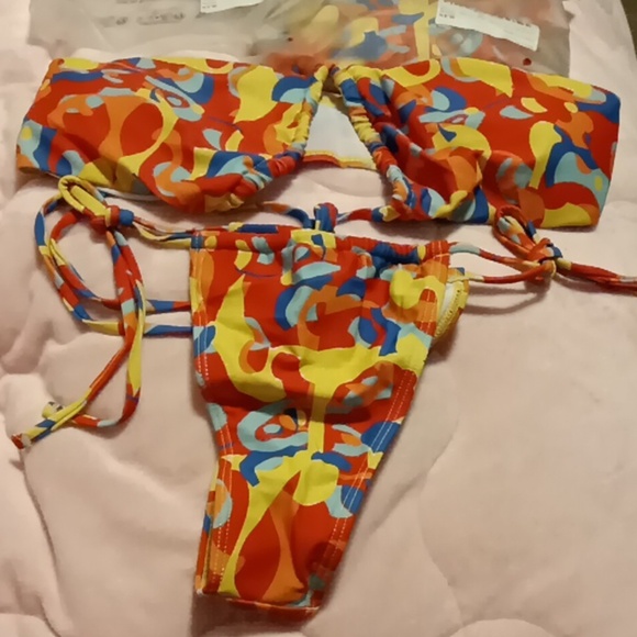 NEW Bandeau Bright Color Print String Tie Bikini Swimsuit - Picture 3 of 6